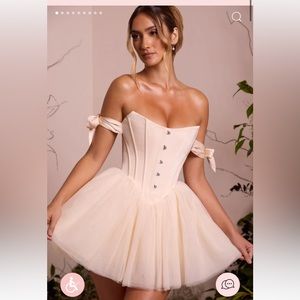 Oh Polly Off Shoulder Tulle Skirt Mini Dress in Ivory
